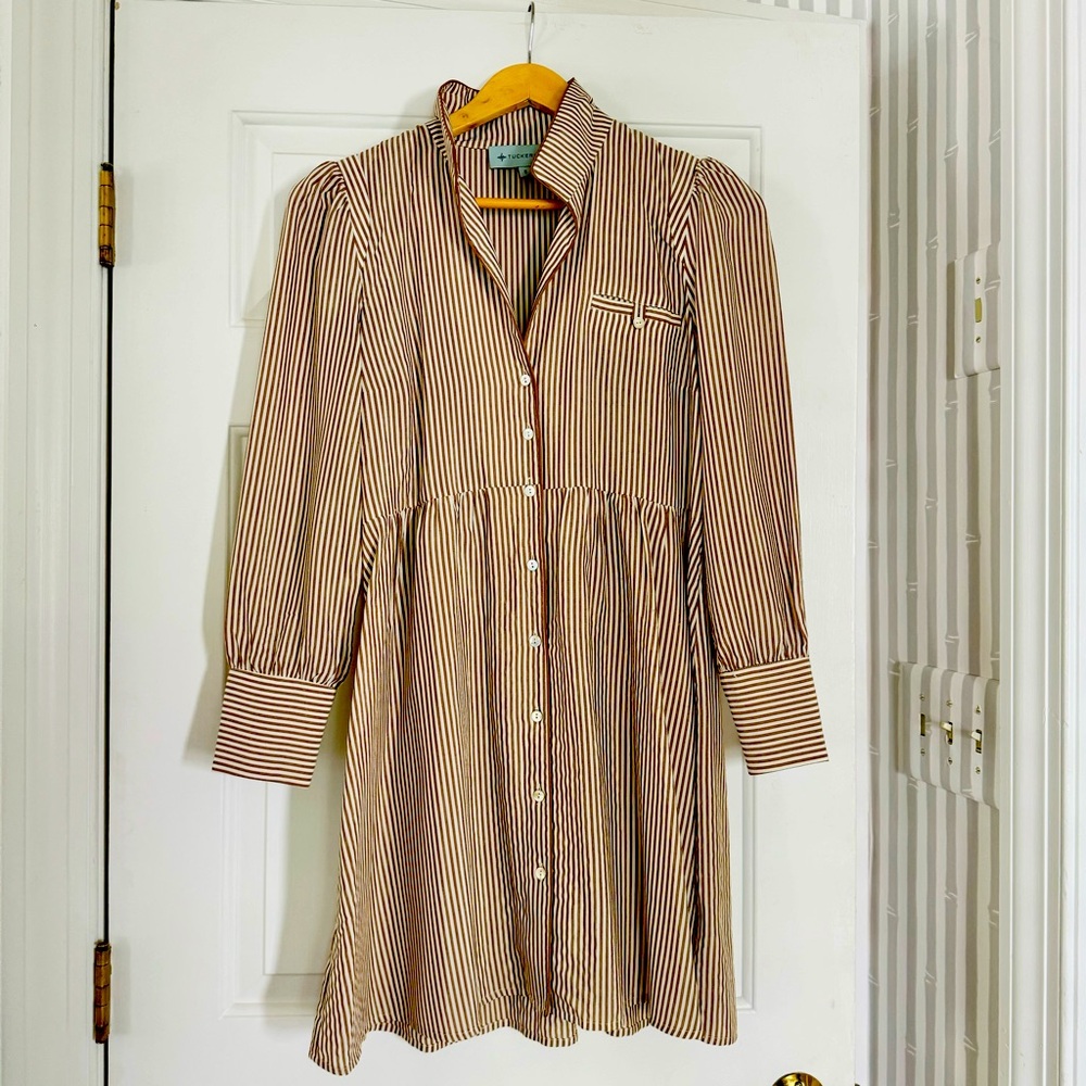 Tuckernuck tan stripe pattern dress, size S.